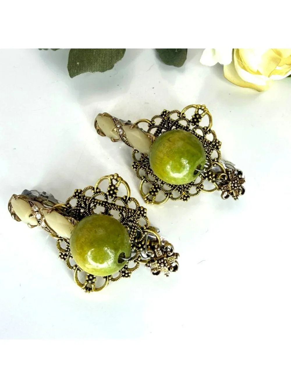 Olive Green Wood Bead Barrettes Set of 2 | Handmade Vintage Jewelry Hair Clips |